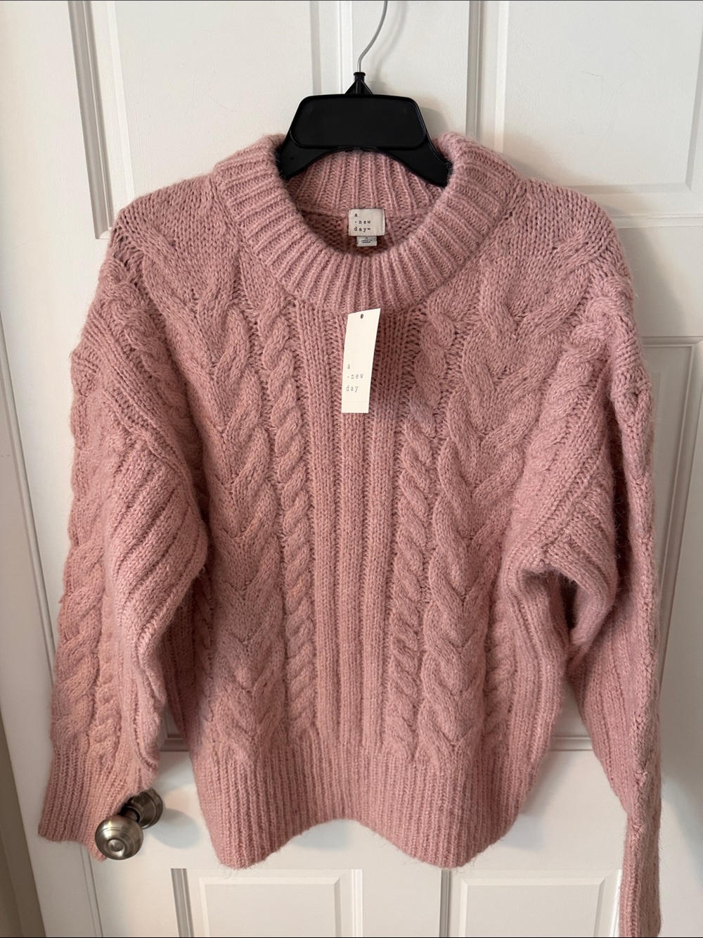 NWT A New Day Chunky Cable Knit Fisherman Aran Crewneck Sweater Soft Pink Small